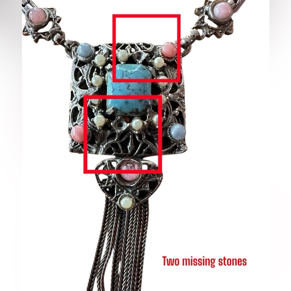 Vintage Etruscan Choker Necklace Tassel Heart Silver Tone Unsigned MCM Statement - Picture 10 of 17